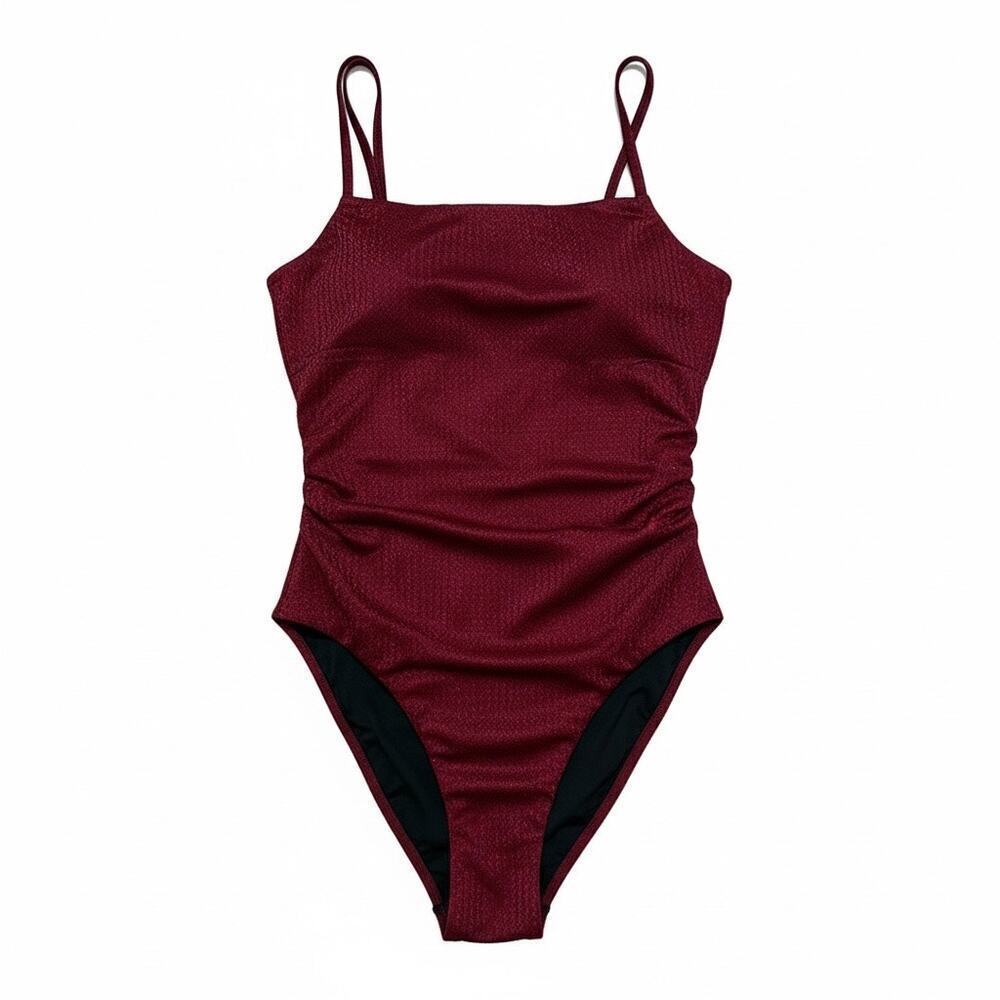 Berlook One Piece Swimsuit S Burgundy Textured Ruched Cutout Back Swimwear Pool